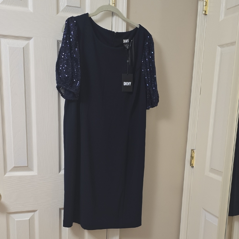 DKNY Midnight Blue Midi Dress with Sequin Sleeves
